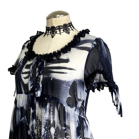 Widow Dolls Kill Gothic Sheer Graphic Print Lace BabyDoll Mini Dress - Picture 6 of 13